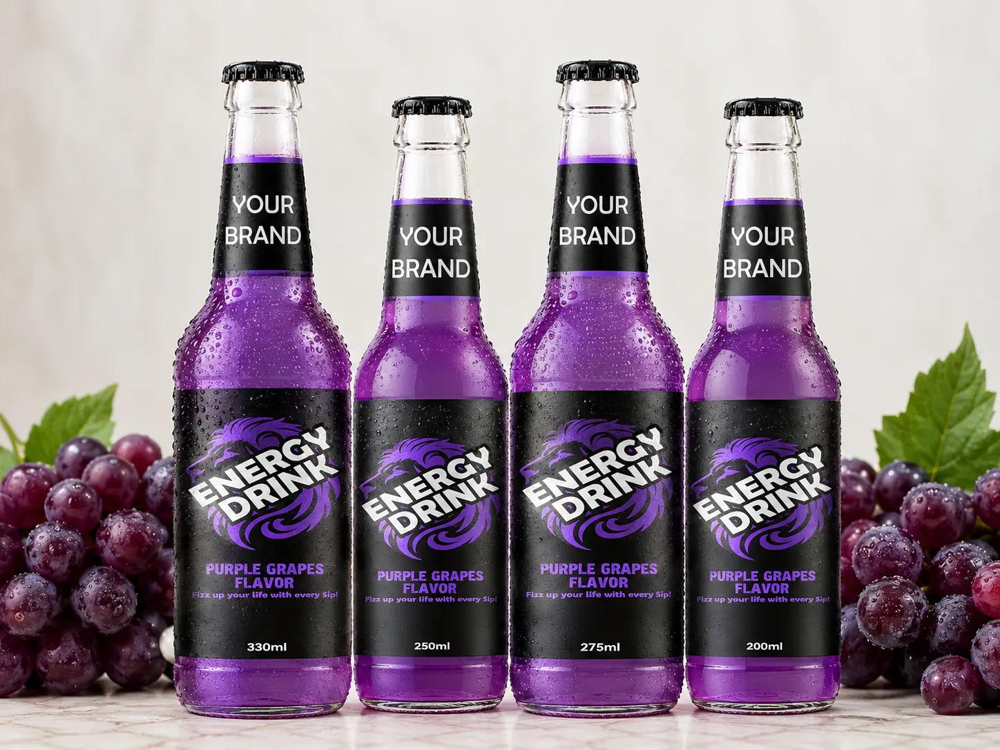ENERGY DRINK Purple Grapes Flavor 330ml, 250ml, 275ml and 200ml glass bottles